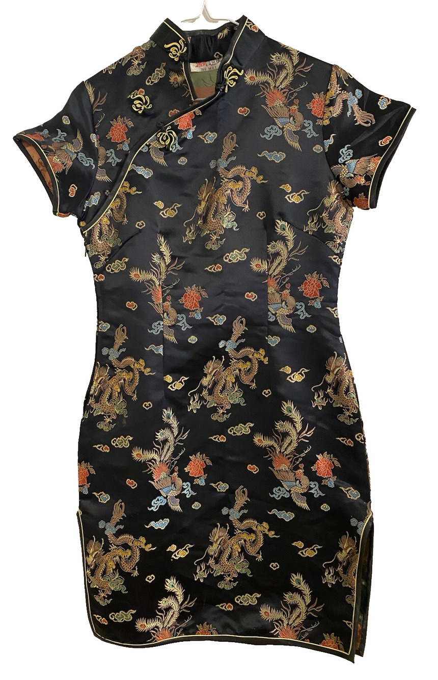 Si Mei Jin Black Asian Silky Womens Dress Size Medium Dragons Floral Birds Tunic